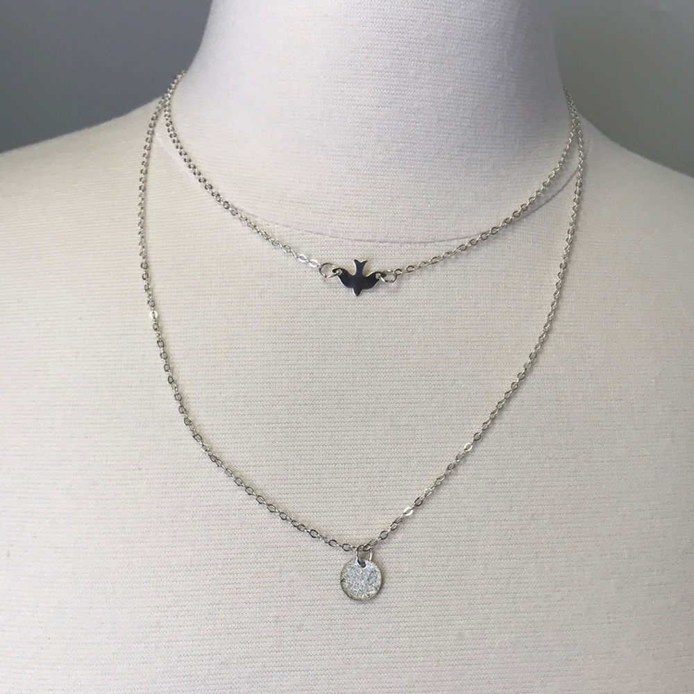 Silver Double Chain Bird & Pendant Necklace